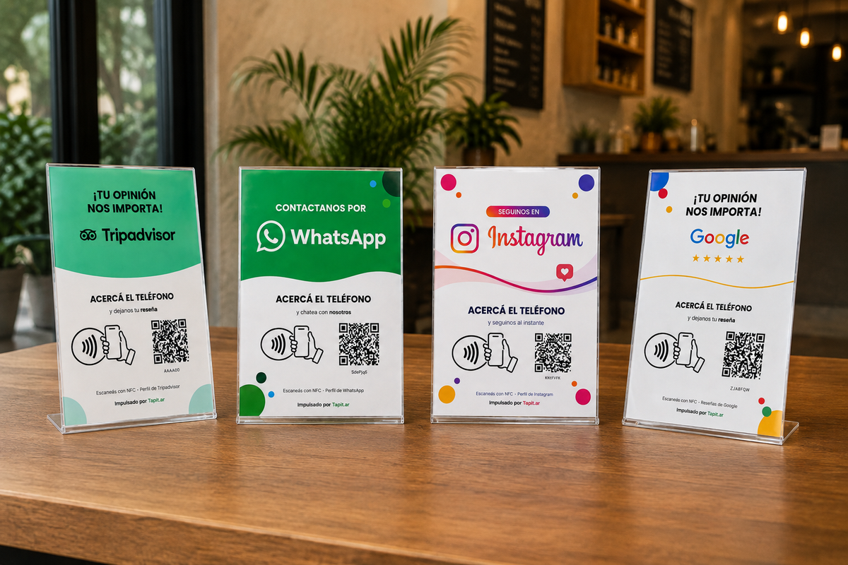 Carteles Tapit con NFC y QR para Google, Instagram, WhatsApp y Tripadvisor