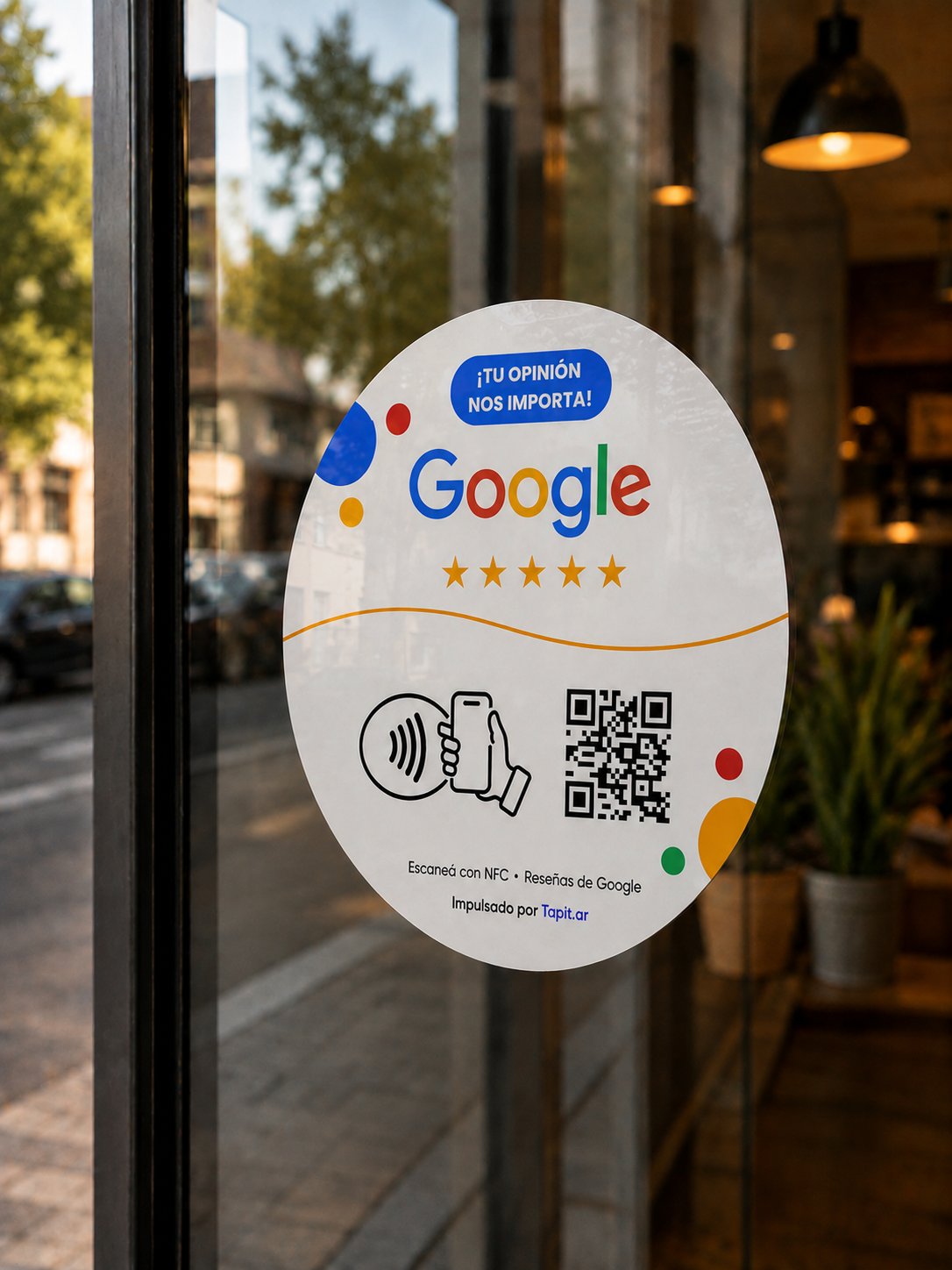 Sticker de reseñas de Google Tapit pegado en una vidriera