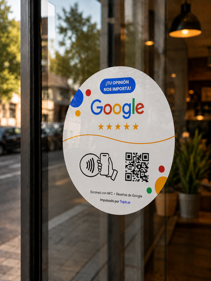 Sticker de reseñas de Google Tapit pegado en una vidriera