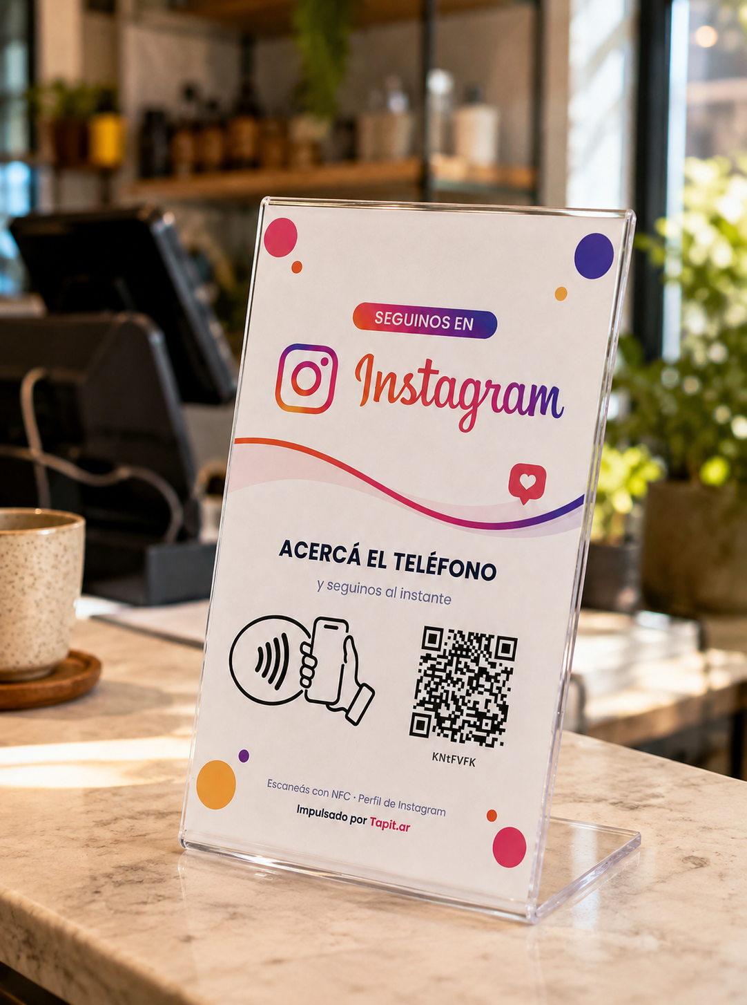 Cartel de Instagram Tapit sobre el mostrador de un local