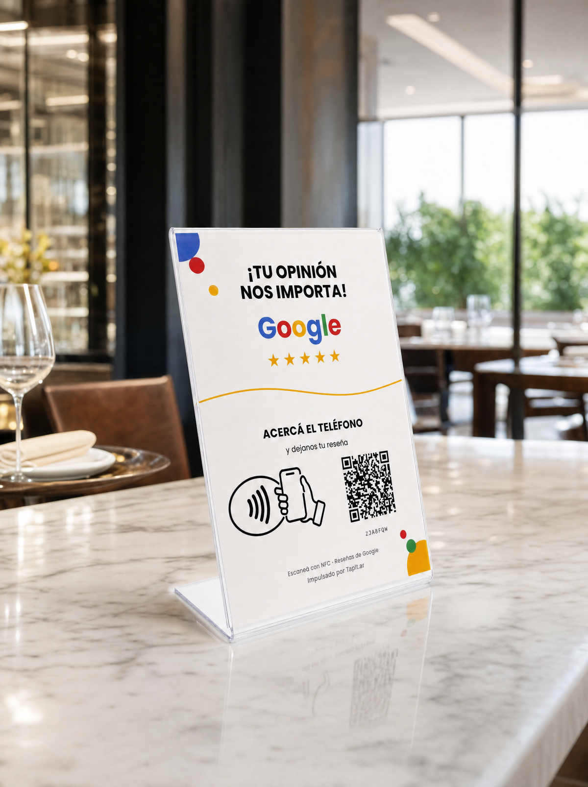 Cartel de reseñas de Google Tapit apoyado sobre el mostrador de un restaurante