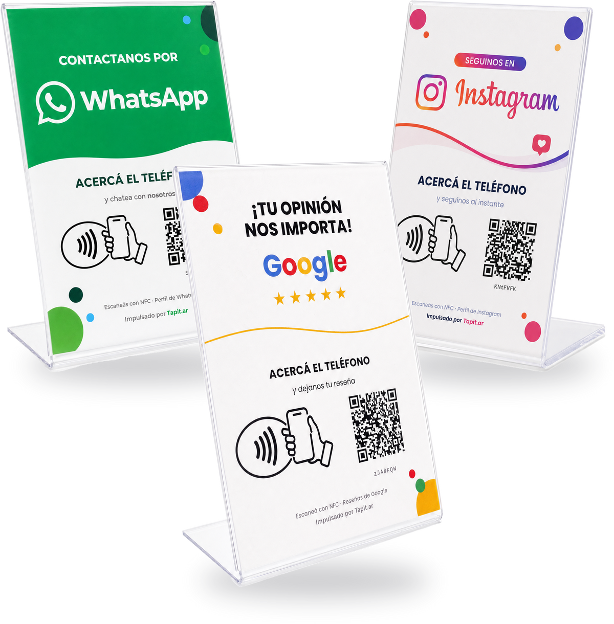 Combo de 3 carteles Tapit con NFC y QR: Google, WhatsApp e Instagram