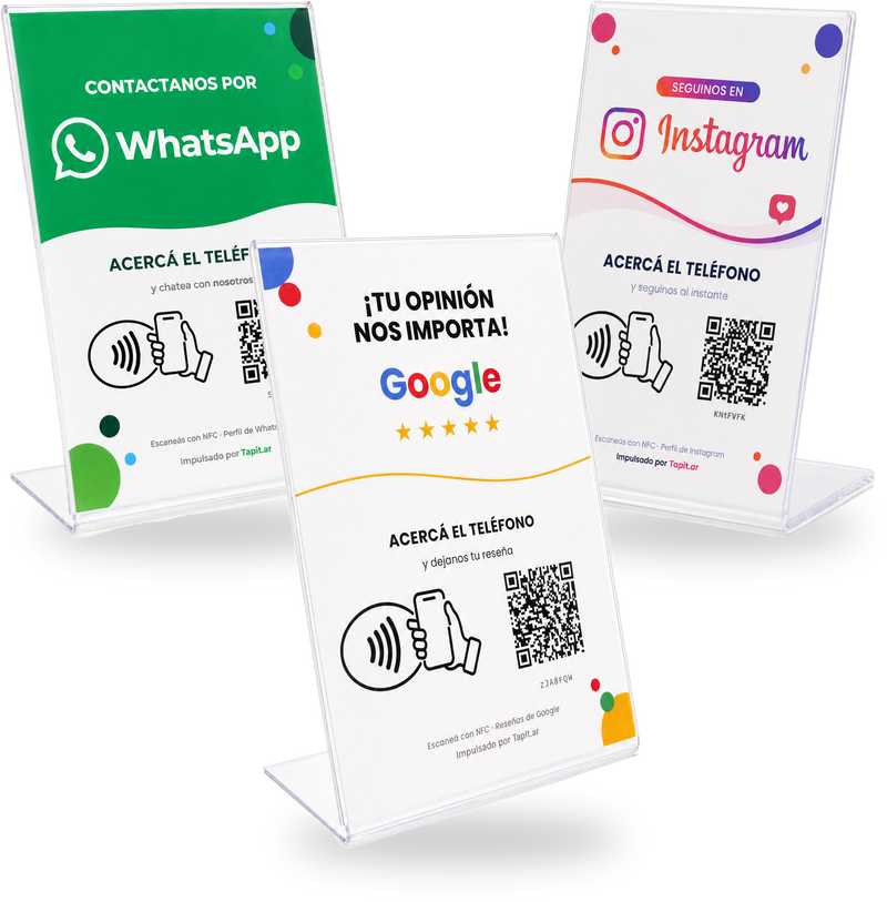 Combo de 3 carteles Tapit con NFC y QR: Google, WhatsApp e Instagram
