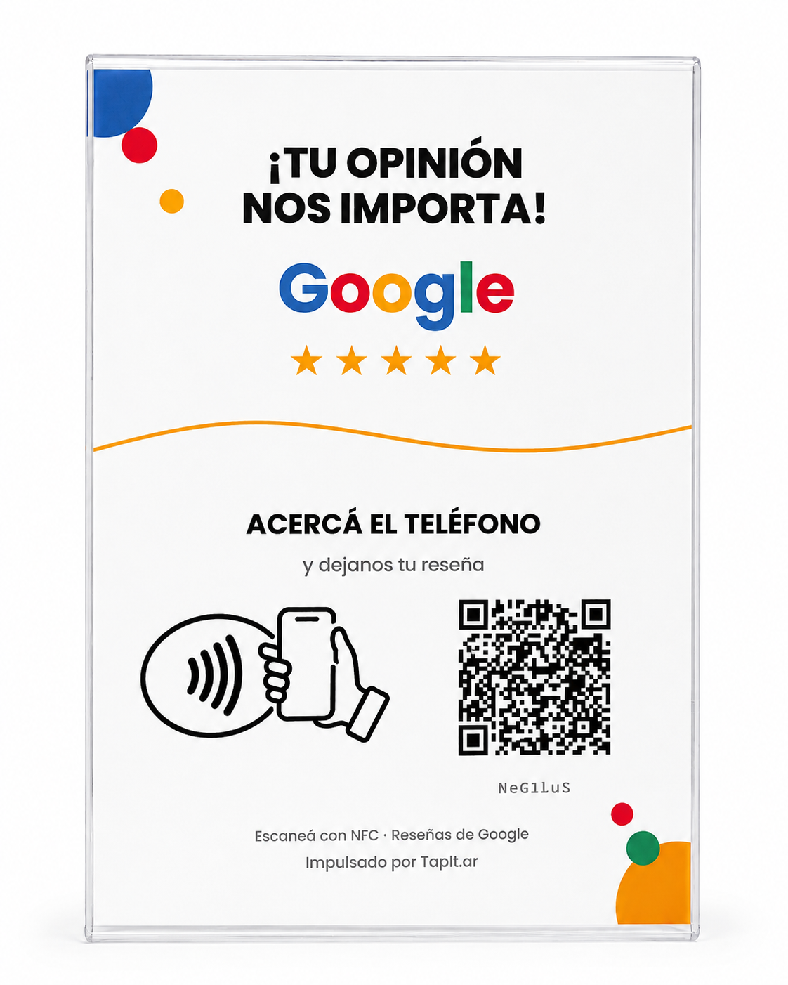 Cartel de reseñas de Google con NFC y QR de Tapit, vista de frente