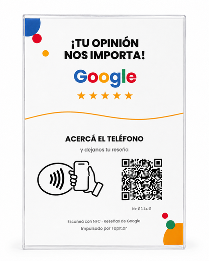 Cartel de reseñas de Google con NFC y QR de Tapit, vista de frente