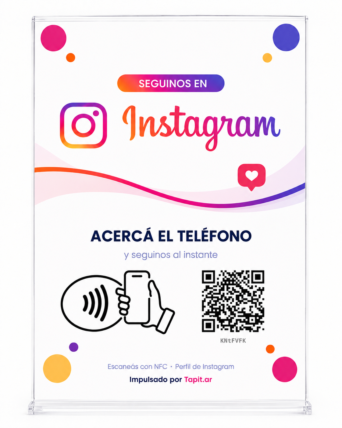Cartel de Instagram con NFC y QR de Tapit, vista de frente