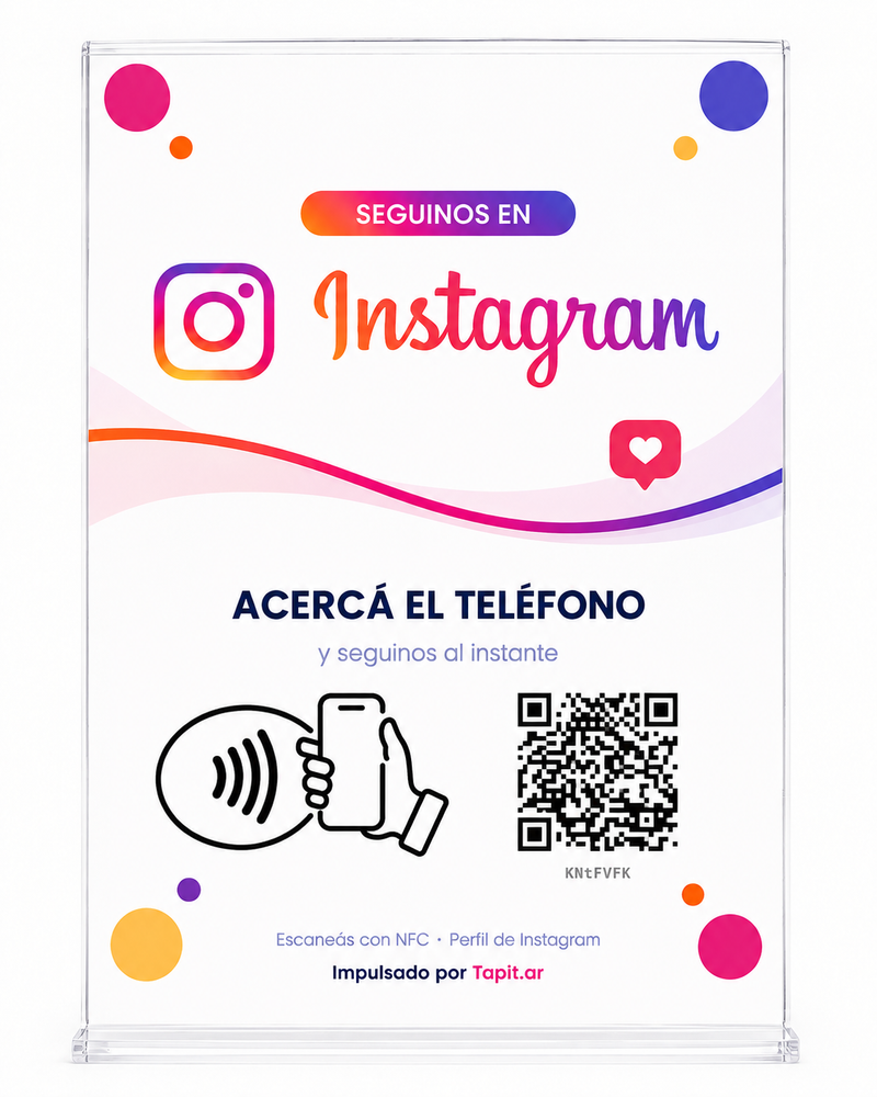 Cartel de Instagram con NFC y QR de Tapit, vista de frente