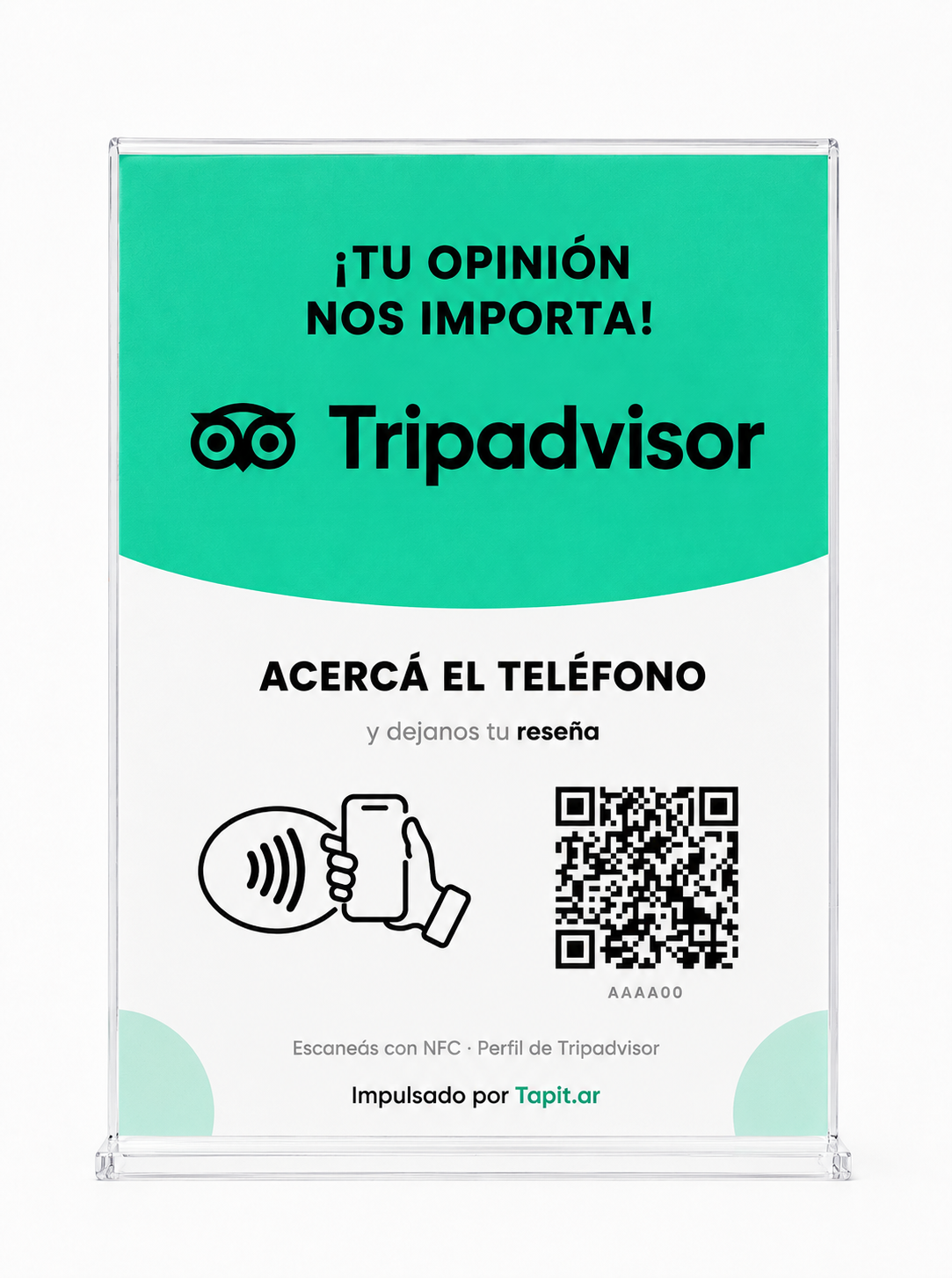 Cartel de Tripadvisor con NFC y QR de Tapit, vista de frente