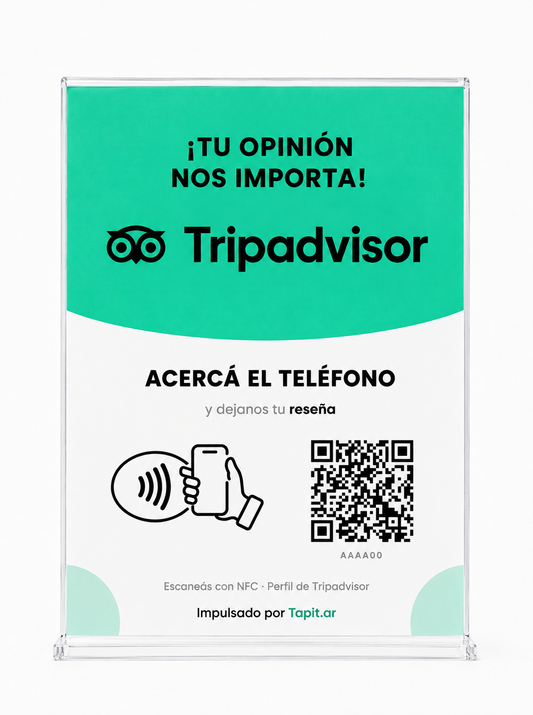 Cartel de Tripadvisor con NFC y QR de Tapit, vista de frente