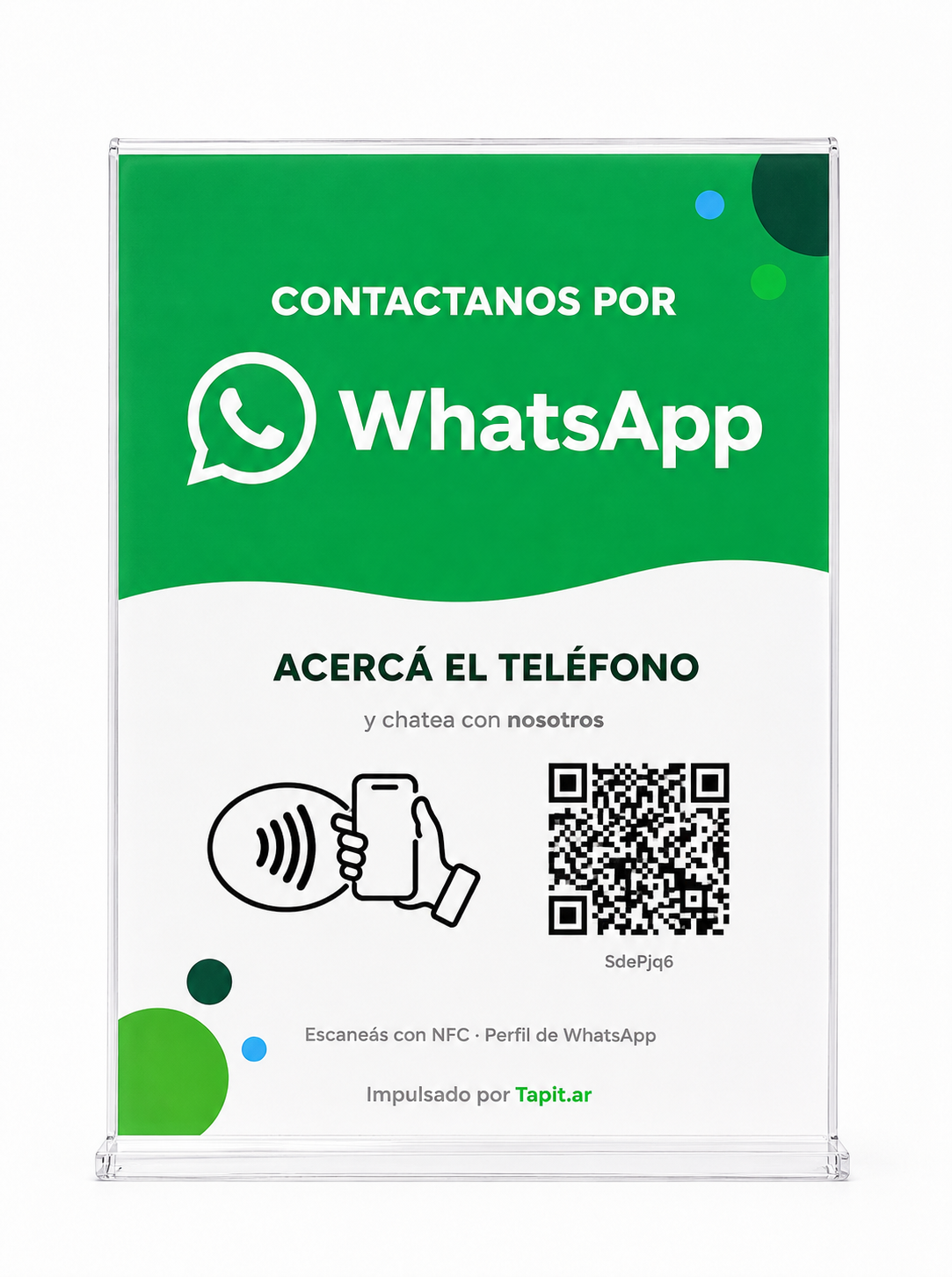 Cartel de WhatsApp con NFC y QR de Tapit, vista de frente
